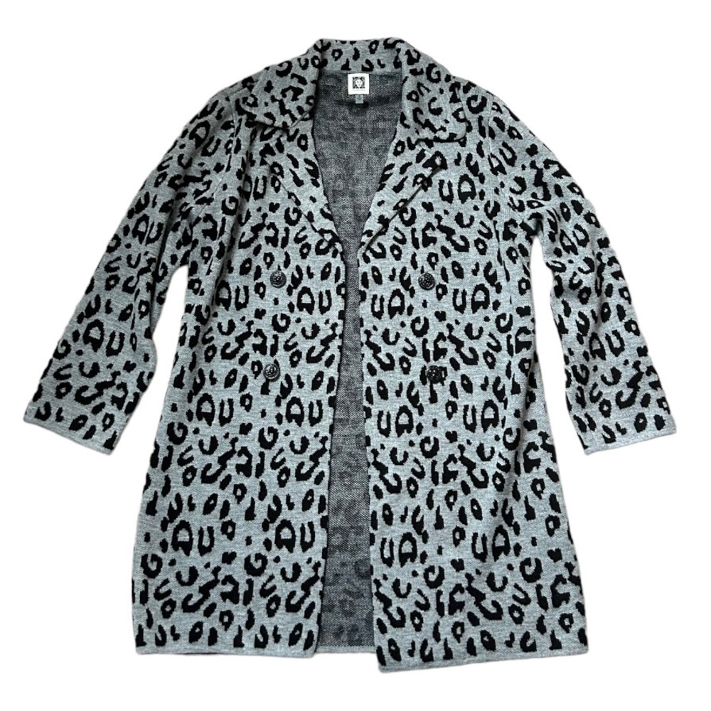 Anne Klein Gray Leopard Print Long Collared Cardigan Sweater Size Medium